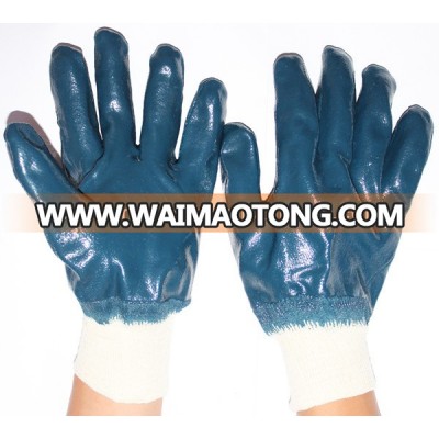 nitrile coated safety gloves,jersey liner with bule nitrile full coated chemical resistant glove or interlock liner