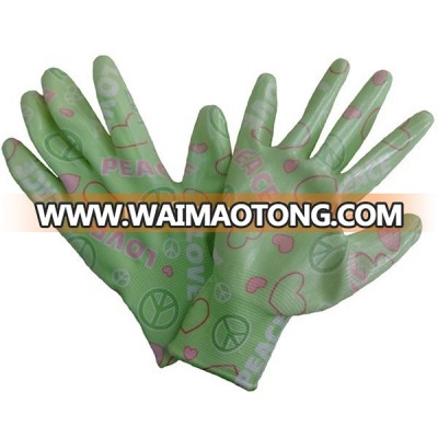 Nylon Transparent Nitrile Coated Safety Gloves Cheap Flower Printed Gloves Wome Garden Gloves